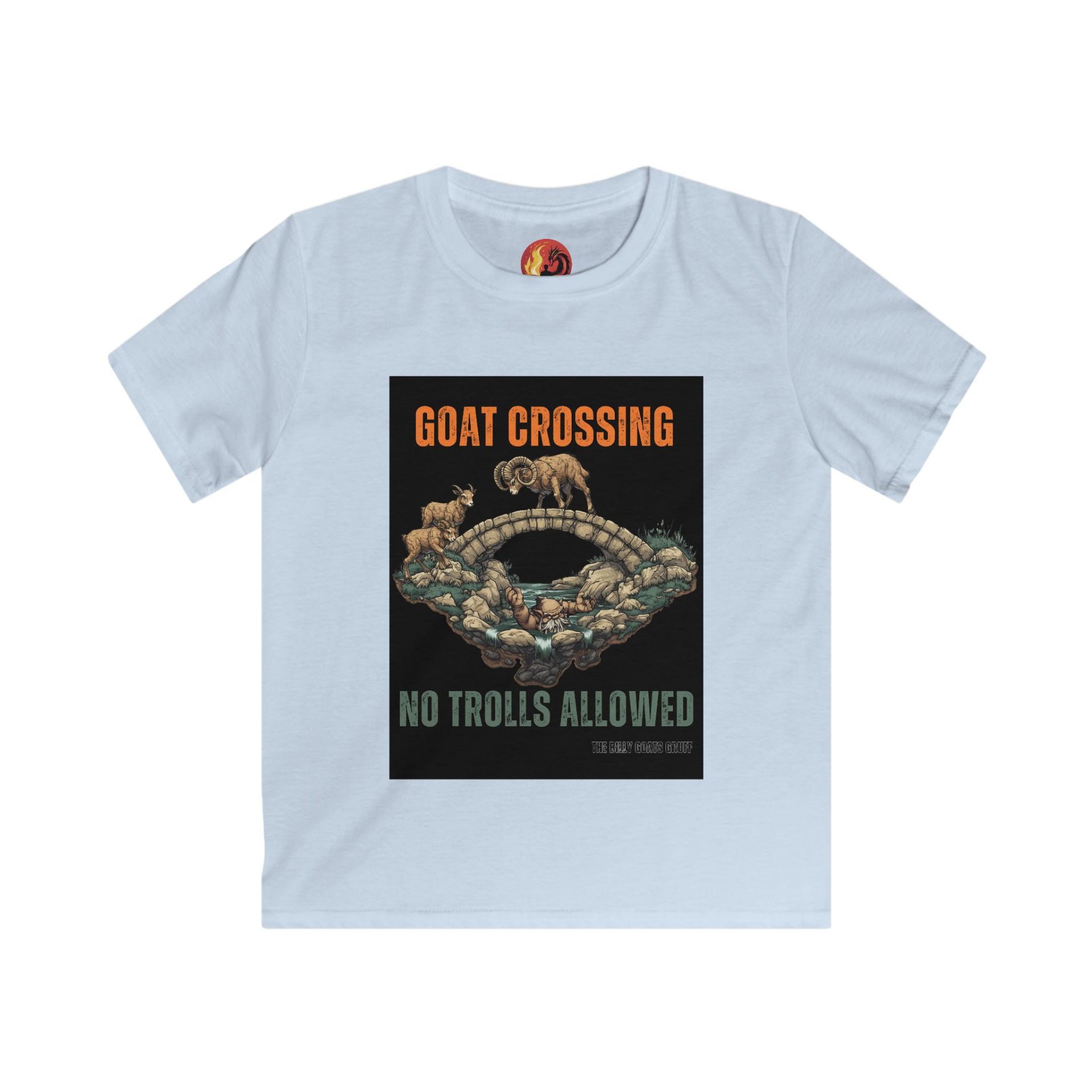 "Goat Crossing: NO TROLLS ALLOWED" The Three Billy Goats Gruff Adventure Softstyle Tee - Image 4